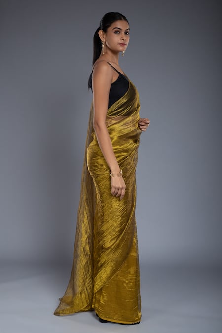 Buy Ellemora Fashions Gold Tissue V-neck Solid Saree With Sleeveless Blouse Online at Aza Fashions Buy_Ellemora Fashions_Gold Tissue V-neck Solid Saree With Sleeveless Blouse _Online_at_Aza_Fashions