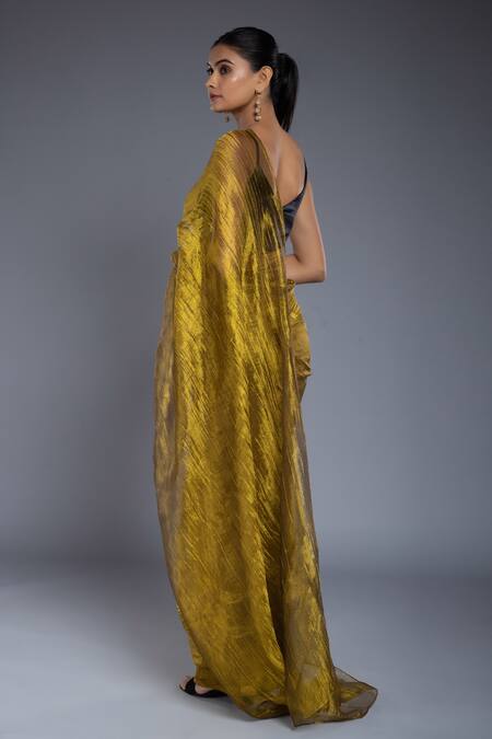 Shop Ellemora Fashions Gold Tissue V-neck Solid Saree With Sleeveless Blouse Online at Aza Fashions Shop_Ellemora Fashions_Gold Tissue V-neck Solid Saree With Sleeveless Blouse _Online_at_Aza_Fashions