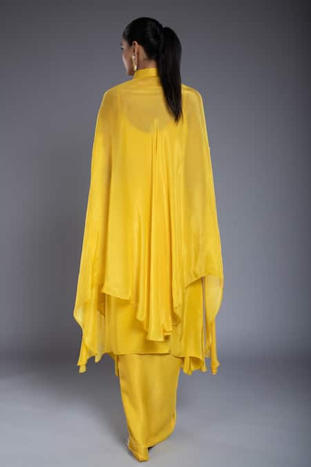 Ellemora Fashions Yellow Crepe, Denim, Silk, Hemp Cut Work, Embroidery Hand Kaftan Skirt Set Online at Aza Fashions Ellemora Fashions_Yellow Crepe, Denim, Silk, Hemp Cut Work, Embroidery Hand Kaftan Skirt Set _Online_at_Aza_Fashions