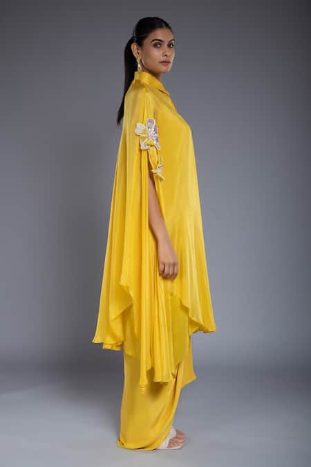 Shop Ellemora Fashions Yellow Crepe, Denim, Silk, Hemp Cut Work, Embroidery Hand Kaftan Skirt Set Online at Aza Fashions Shop_Ellemora Fashions_Yellow Crepe, Denim, Silk, Hemp Cut Work, Embroidery Hand Kaftan Skirt Set _Online_at_Aza_Fashions