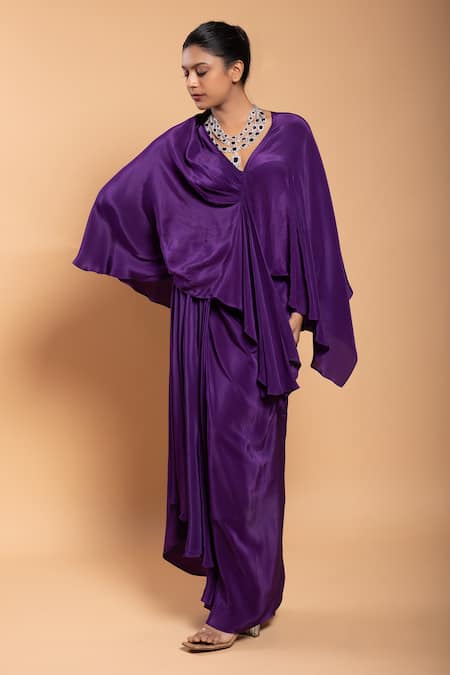 Buy_Ellemora Fashions_Purple Crepe Solid Draped Cape With Skirt _Online_at_Aza_Fashions