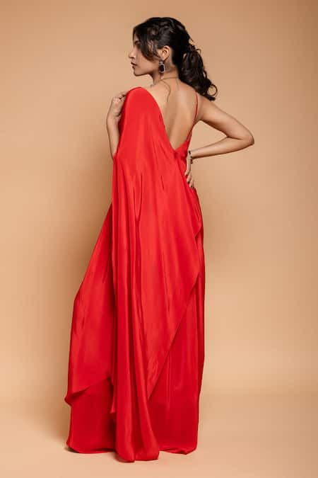 Ellemora Fashions Red Natural Crepe Solid Cowl Asymmetric Sleeve Draped Dress Online at Aza Fashions Ellemora Fashions_Red Natural Crepe Solid Cowl Asymmetric Sleeve Draped Dress _Online_at_Aza_Fashions