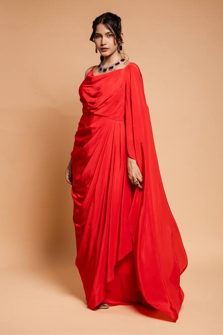 Shop Ellemora Fashions Red Natural Crepe Solid Cowl Asymmetric Sleeve Draped Dress Online at Aza Fashions Shop_Ellemora Fashions_Red Natural Crepe Solid Cowl Asymmetric Sleeve Draped Dress _Online_at_Aza_Fashions