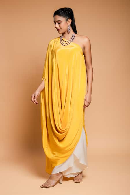 Buy_Ellemora Fashions_Yellow Crepe Asymmetric Draped Tunic With Palazzo Pant _Online_at_Aza_Fashions