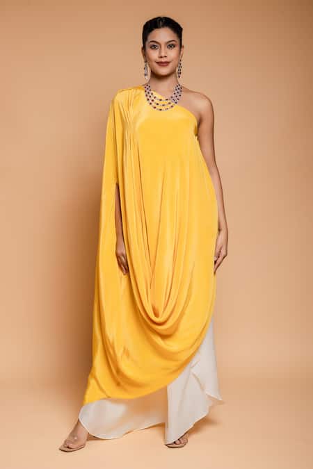 Shop_Ellemora Fashions_Yellow Crepe Asymmetric Draped Tunic With Palazzo Pant _Online_at_Aza_Fashions