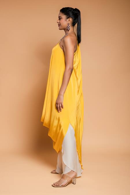 Ellemora Fashions_Yellow Crepe Asymmetric Draped Tunic With Palazzo Pant _at_Aza_Fashions