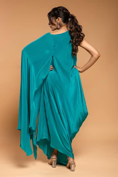 Shop Ellemora Fashions Blue Natural Crepe Solid Round Draped Cape Kaftan at Aza Fashions Shop_Ellemora Fashions_Blue Natural Crepe Solid Round Draped Cape Kaftan _at_Aza_Fashions