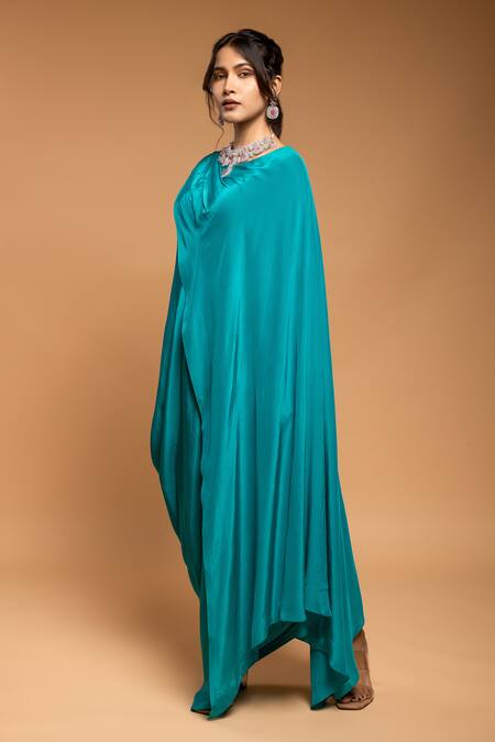 Ellemora Fashions Blue Natural Crepe Solid Round Draped Cape Kaftan Online at Aza Fashions Ellemora Fashions_Blue Natural Crepe Solid Round Draped Cape Kaftan _Online_at_Aza_Fashions