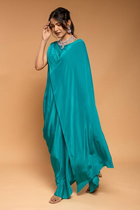 Shop Ellemora Fashions Blue Natural Crepe Solid Round Draped Cape Kaftan Online at Aza Fashions Shop_Ellemora Fashions_Blue Natural Crepe Solid Round Draped Cape Kaftan _Online_at_Aza_Fashions