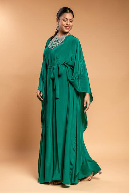 Shop Ellemora Fashions Green Natural Crepe Solid Round Draped Rope Kaftan Online at Aza Fashions Shop_Ellemora Fashions_Green Natural Crepe Solid Round Draped Rope Kaftan _Online_at_Aza_Fashions