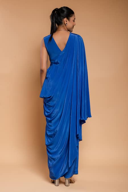 Ellemora Fashions Blue Crepe High Neck Asymmetric Draped Tunic With Pant Online at Aza Fashions Ellemora Fashions_Blue Crepe High Neck Asymmetric Draped Tunic With Pant _Online_at_Aza_Fashions