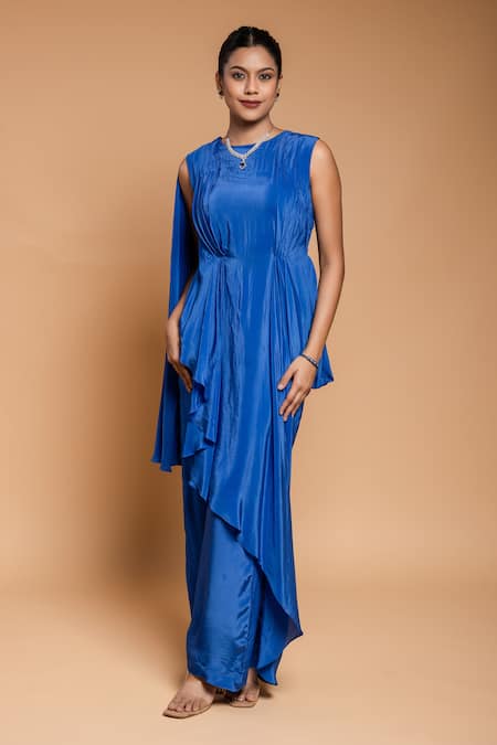 Buy Ellemora Fashions Blue Crepe High Neck Asymmetric Draped Tunic With Pant Online at Aza Fashions Buy_Ellemora Fashions_Blue Crepe High Neck Asymmetric Draped Tunic With Pant _Online_at_Aza_Fashions