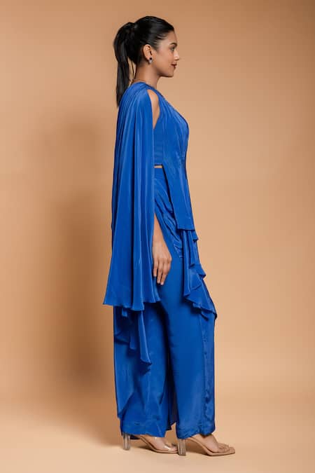 Shop Ellemora Fashions Blue Crepe High Neck Asymmetric Draped Tunic With Pant Online at Aza Fashions Shop_Ellemora Fashions_Blue Crepe High Neck Asymmetric Draped Tunic With Pant _Online_at_Aza_Fashions