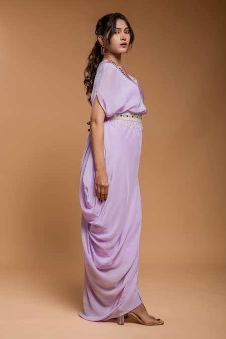 Shop Ellemora Fashions Purple Natural Crepe Handwork Solid Boat Neck Kaftan Online at Aza Fashions Shop_Ellemora Fashions_Purple Natural Crepe Handwork Solid Boat Neck Kaftan _Online_at_Aza_Fashions