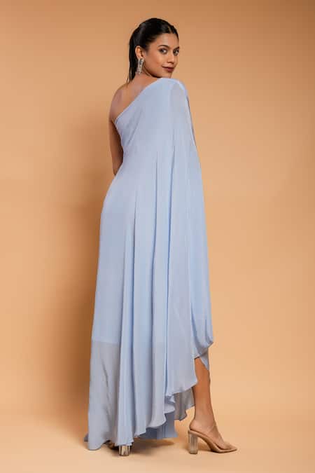 Ellemora Fashions_Blue Natural Crepe Embroidered Tassel Asymmetric One Shoulder Draped Dress _Online_at_Aza_Fashions