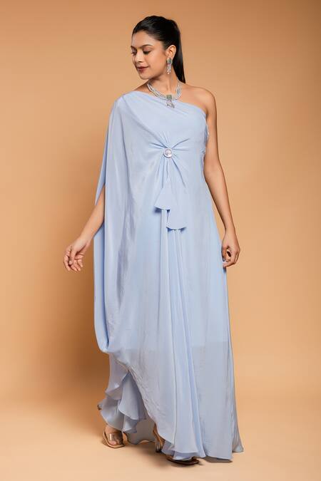 Buy_Ellemora Fashions_Blue Natural Crepe Embroidered Tassel Asymmetric One Shoulder Draped Dress _Online_at_Aza_Fashions