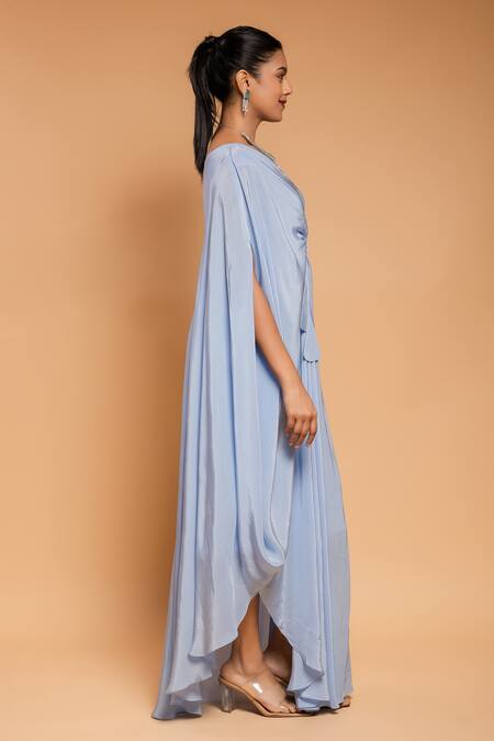 Shop_Ellemora Fashions_Blue Natural Crepe Embroidered Tassel Asymmetric One Shoulder Draped Dress _Online_at_Aza_Fashions