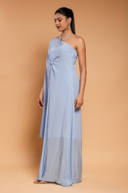 Ellemora Fashions_Blue Natural Crepe Embroidered Tassel Asymmetric One Shoulder Draped Dress _at_Aza_Fashions