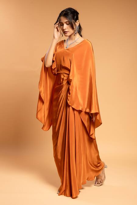 Ellemora Fashions Orange Natural Crepe Solid V Neck Draped Maxi Dress Online at Aza Fashions Ellemora Fashions_Orange Natural Crepe Solid V Neck Draped Maxi Dress _Online_at_Aza_Fashions