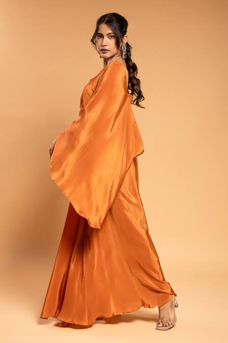 Buy Ellemora Fashions Orange Natural Crepe Solid V Neck Draped Maxi Dress Online at Aza Fashions Buy_Ellemora Fashions_Orange Natural Crepe Solid V Neck Draped Maxi Dress _Online_at_Aza_Fashions