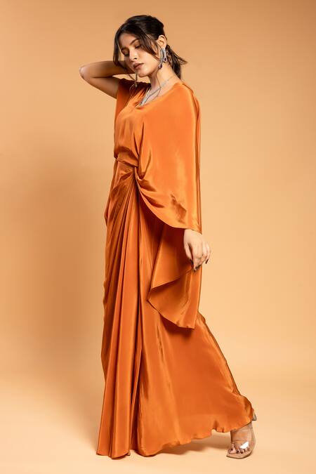 Shop Ellemora Fashions Orange Natural Crepe Solid V Neck Draped Maxi Dress Online at Aza Fashions Shop_Ellemora Fashions_Orange Natural Crepe Solid V Neck Draped Maxi Dress _Online_at_Aza_Fashions