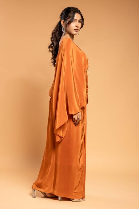 Ellemora Fashions Orange Natural Crepe Solid V Neck Draped Maxi Dress at Aza Fashions Ellemora Fashions_Orange Natural Crepe Solid V Neck Draped Maxi Dress _at_Aza_Fashions