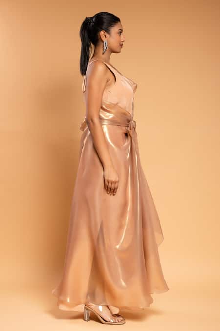 Ellemora Fashions Gold Natural Crepe Solid Asymmetric Shimmer Draped Maxi Dress Online at Aza Fashions Ellemora Fashions_Gold Natural Crepe Solid Asymmetric Shimmer Draped Maxi Dress _Online_at_Aza_Fashions