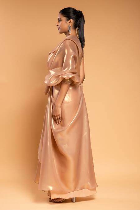 Buy Ellemora Fashions Gold Natural Crepe Solid Asymmetric Shimmer Draped Maxi Dress Online at Aza Fashions Buy_Ellemora Fashions_Gold Natural Crepe Solid Asymmetric Shimmer Draped Maxi Dress _Online_at_Aza_Fashions