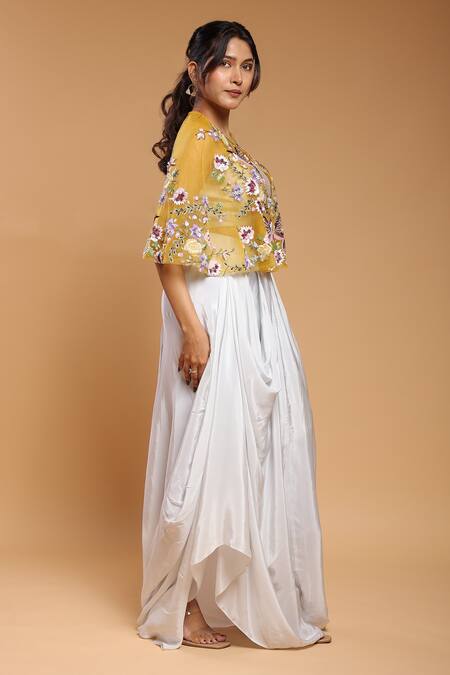 Buy_Ellemora Fashions_Blue Tissue, Denim, Crepe Embroidery Round Neck Cape With Harem Pant Set _Online_at_Aza_Fashions