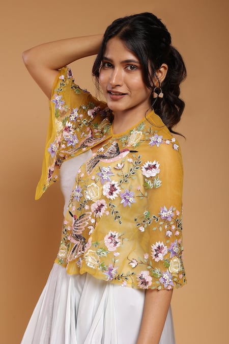 Shop_Ellemora Fashions_Blue Tissue, Denim, Crepe Embroidery Round Neck Cape With Harem Pant Set _Online_at_Aza_Fashions