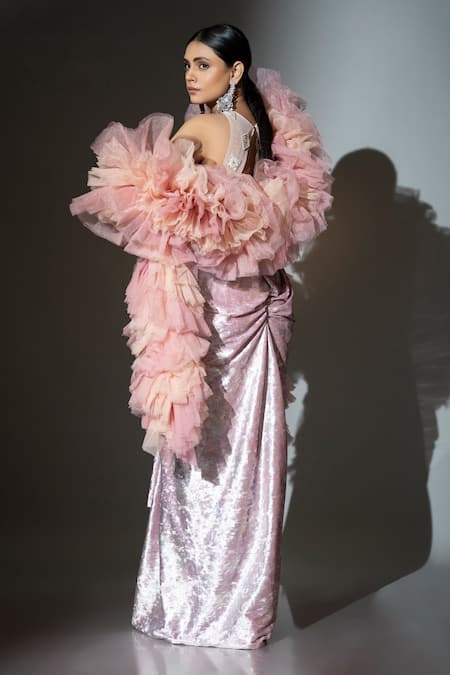 Ellemora Fashions_Pink Net, Velvet Sequins, Pearls Icy Charm Embellished Blouse Draped Skirt Set _Online_at_Aza_Fashions