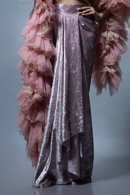 Buy_Ellemora Fashions_Pink Net, Velvet Sequins, Pearls Icy Charm Embellished Blouse Draped Skirt Set _Online_at_Aza_Fashions