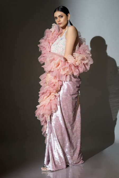Shop_Ellemora Fashions_Pink Net, Velvet Sequins, Pearls Icy Charm Embellished Blouse Draped Skirt Set _Online_at_Aza_Fashions