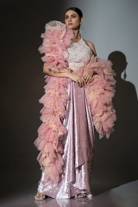 Ellemora Fashions_Pink Net, Velvet Sequins, Pearls Icy Charm Embellished Blouse Draped Skirt Set _at_Aza_Fashions