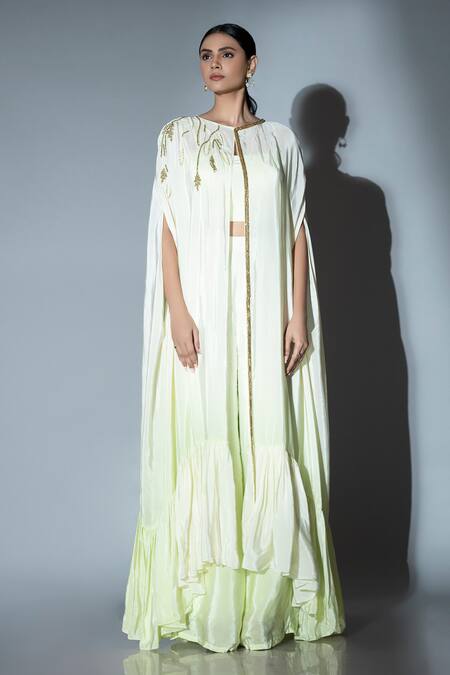 Ellemora Fashions Green Crepe Beads Round Neck Floral Embellished Kaftan Cape Palazzo Set Online at Aza Fashions Ellemora Fashions_Green Crepe Beads Round Neck Floral Embellished Kaftan Cape Palazzo Set _Online_at_Aza_Fashions