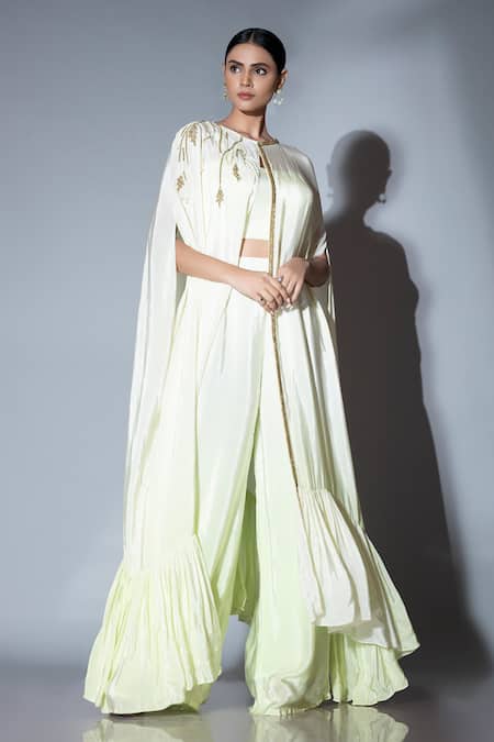 Ellemora Fashions Green Crepe Beads Round Neck Floral Embellished Kaftan Cape Palazzo Set at Aza Fashions Ellemora Fashions_Green Crepe Beads Round Neck Floral Embellished Kaftan Cape Palazzo Set _at_Aza_Fashions