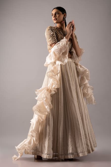 Ellemora Fashions_Ivory Satin, Net, Organza Pearls, Sequins, Charm Stripe Embellished Lehenga Set _Online_at_Aza_Fashions