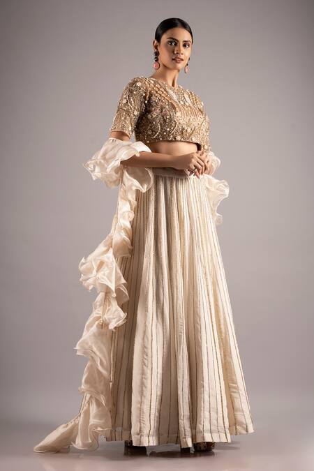 Buy_Ellemora Fashions_Ivory Satin, Net, Organza Pearls, Sequins, Charm Stripe Embellished Lehenga Set _Online_at_Aza_Fashions
