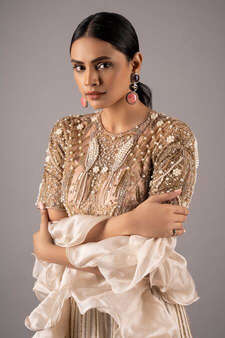 Buy_Ellemora Fashions_Ivory Satin, Net, Organza Pearls, Sequins, Charm Stripe Embellished Lehenga Set 