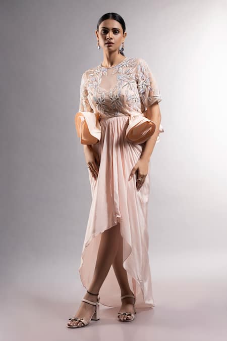 Buy Ellemora Fashions Ivory Net Embellished Bead Round Delight Sequin High-low Dress Online at Aza Fashions Buy_Ellemora Fashions_Ivory Net Embellished Bead Round Delight Sequin High-low Dress _Online_at_Aza_Fashions