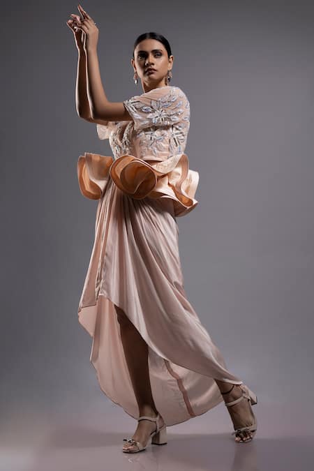 Shop Ellemora Fashions Ivory Net Embellished Bead Round Delight Sequin High-low Dress Online at Aza Fashions Shop_Ellemora Fashions_Ivory Net Embellished Bead Round Delight Sequin High-low Dress _Online_at_Aza_Fashions