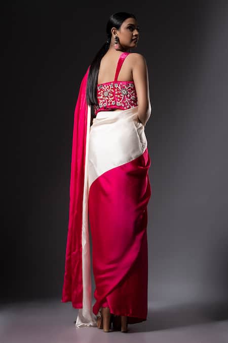 Shop_Ellemora Fashions_Ivory Velvet, Satin, Cascade Colourblock Pre-draped Saree With Corset Blouse _at_Aza_Fashions