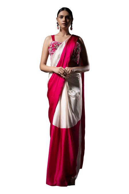 Ellemora Fashions_Ivory Velvet, Satin, Cascade Colourblock Pre-draped Saree With Corset Blouse _Online_at_Aza_Fashions
