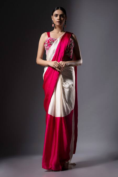Buy_Ellemora Fashions_Ivory Velvet, Satin, Cascade Colourblock Pre-draped Saree With Corset Blouse _Online_at_Aza_Fashions