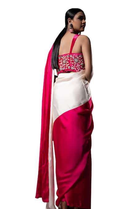 Shop_Ellemora Fashions_Ivory Velvet, Satin, Cascade Colourblock Pre-draped Saree With Corset Blouse _Online_at_Aza_Fashions
