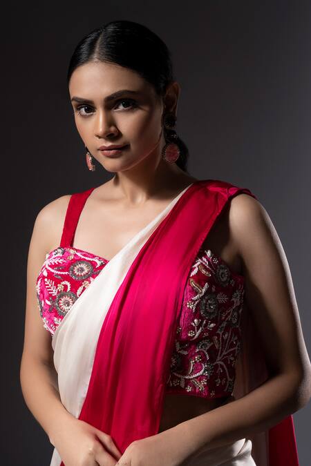 Ellemora Fashions_Ivory Velvet, Satin, Cascade Colourblock Pre-draped Saree With Corset Blouse _at_Aza_Fashions