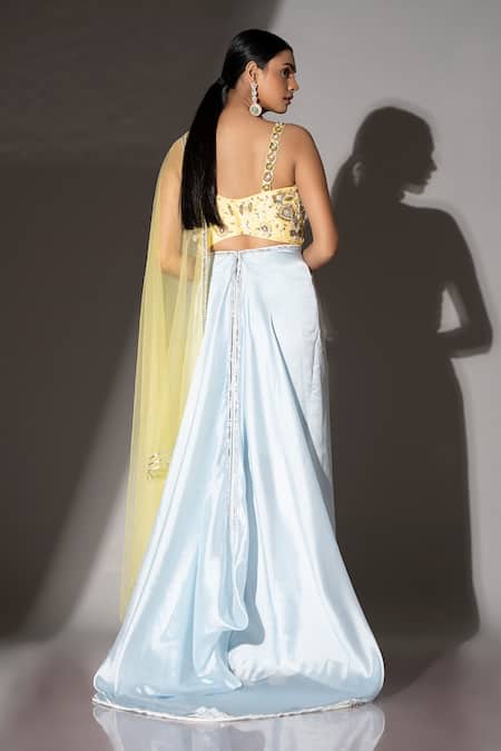 Shop_Ellemora Fashions_Yellow Satin, Organza, Silk Duo Floral Embellished Blouse Draped Skirt Set _at_Aza_Fashions