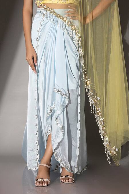 Ellemora Fashions_Yellow Satin, Organza, Silk Duo Floral Embellished Blouse Draped Skirt Set _Online_at_Aza_Fashions