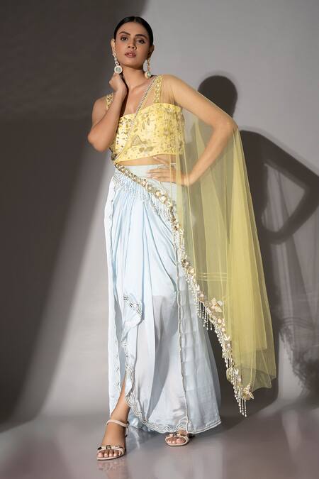Buy_Ellemora Fashions_Yellow Satin, Organza, Silk Duo Floral Embellished Blouse Draped Skirt Set _Online_at_Aza_Fashions