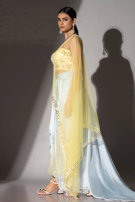 Ellemora Fashions_Yellow Satin, Organza, Silk Duo Floral Embellished Blouse Draped Skirt Set _at_Aza_Fashions